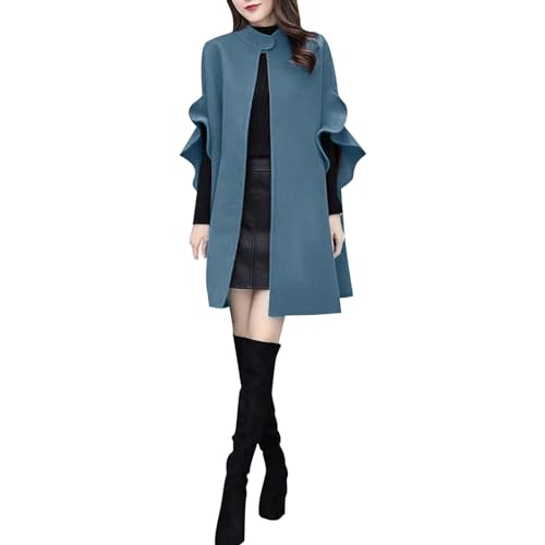 ToddlBy Women Work Solid Vintage Winter Office Sleeveless Button Woolen Jacket Coat Lady Outer Coats Jackets (Blue, L)