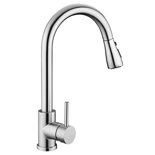VFAUOSIT Kitchen Faucets, Kitchen Sink Faucet with Pull Down Sprayer Brushed Nickel Stainless Steel Modern High Arc Single Handle Single Hole Pull Out Kitchen Faucet for Bar Laundry RV Utility Sink