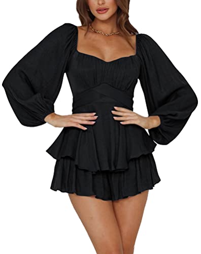 LYANER Women's Jumpsuit Lantern Long Sleeve Ruffle Layer Tie Mini Short Romper Solid Black Medium