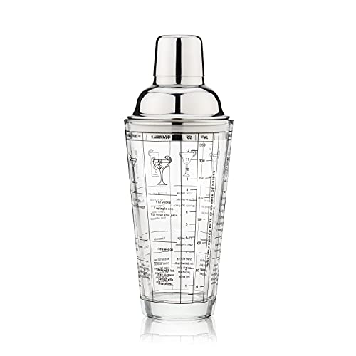 True Glass Cocktail Shaker with Cocktail Recipes, Clear Glass Shaker with Strainer, 13.5 oz