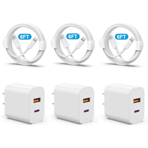 i.Phone 14 13 Charger, USB C Charger [M.Fi Certified] 3Pack 20W PD USB C+QC3.0 USB A Dual Port Wall Charger with 6FT USB C to L.ightning Cable Compatible with iPhone 14/13/12/Pro/Pro Max/XS/X and More