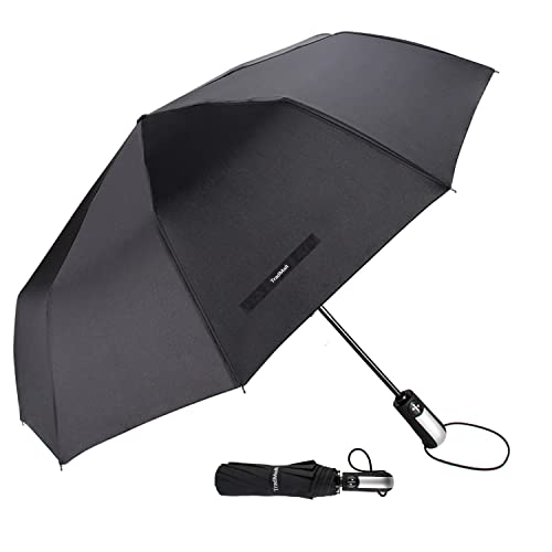 TradMall Travel Umbrella Windproof with 56 Inches Large Canopy 10 Reinforced Fiberglass Ribs Ergonomic Handle Auto Open & Close, Black