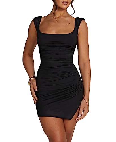 SHESEEWORLD Women's Sexy Summer Sleeveless Tie Waist Back Square Neck Backless Slit Hem Ruched Bodycon Mini Tank Dress Black