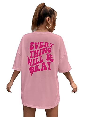 SOLY HUX Women's Oversized T Shirts Graphic Tees Letter Print Casual Summer Tops Dusty Pink L