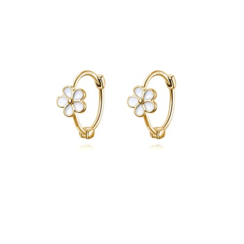 Reffeer 925 Sterling Silver Daisy Hoop Earrings Huggies for Women Girls Small White Flower Hoop Earrings Cartilage Helix Earrings (B-Gold)