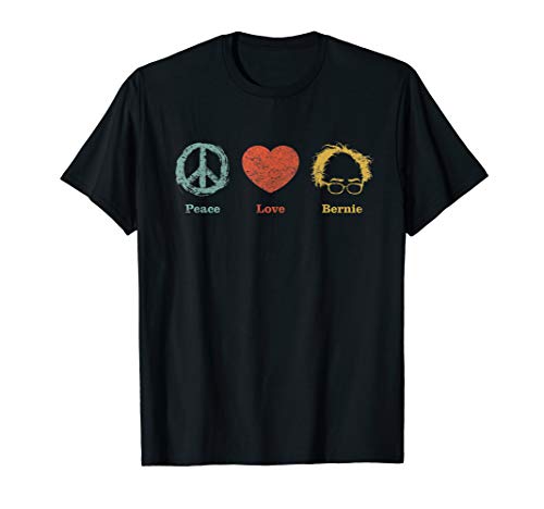 Bernie 2020 - Peace Love Bernie Sign Heart Wig Distressed T-Shirt