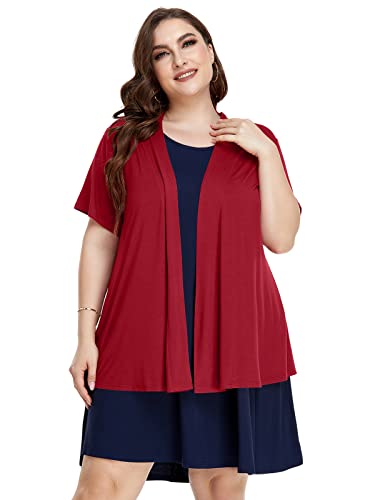 LARACE Short Sleeve Cardigans for Womens Summer Tops Casual Plus Size Open Front Lightweight Cover Up(WineRed 1X)