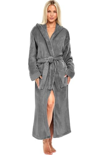 Alexander Del Rossa Women’s Robe, Plush Fleece Hooded Bathrobe with Pockets, Gray, XL (A0116STLXL)