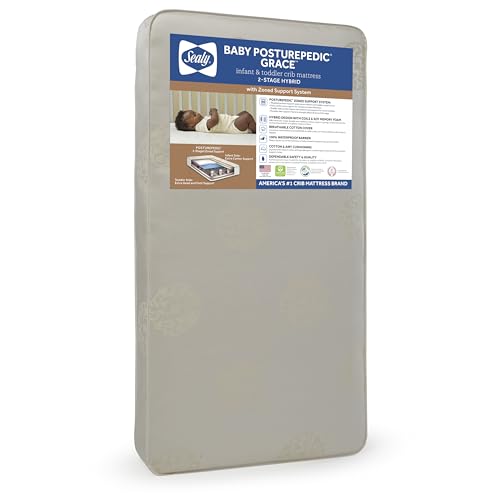 Sealy Baby Posturepedic Grace Breathable Hypoallergenic 2-Stage Dual Firmness Waterproof Baby Crib Mattress & Toddler Bed Mattress, Hybrid Coil & Memory Foam, Certified, Made in USA, 52'x28'