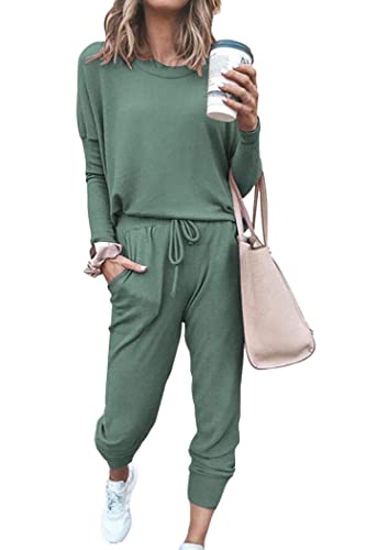 PRETTYGARDEN Women's 2023 Fall Two Piece Outfit Long Sleeve Crewneck Pullover Tops and Long Pants Tracksuit (Light Green,Medium)