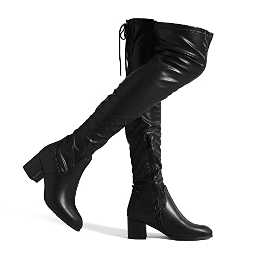 DREAM PAIRS Women's Laurence Over The Knee Thigh High Chunky Heel Boots Long Stretch Sexy Fall Boots Size 9, Black Pu
