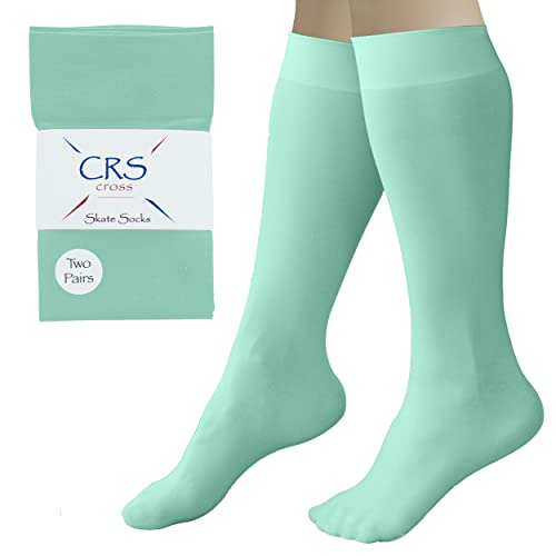 CRS Cross Figure Skating Socks (2 Pair) Premium Knee High Tights for Ice Skates, Footed Skate Socks, Ice Skating Socks, Dance (Sit Spin Sea Foam)