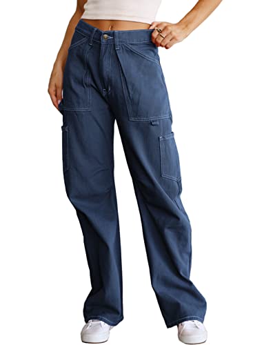 Dokotoo Cargo Pants Women Spring Summer High Waisted Baggy Wide Leg Pants 6 Pockets Casual Combat Military Trouser Blue