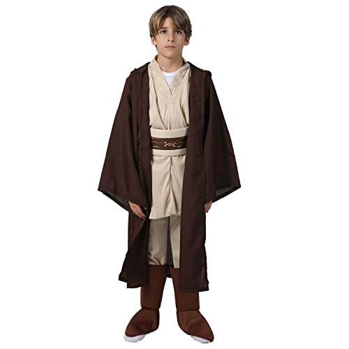 Kids Jedi Costume Classic Child's Cosplay Outfit Halloween Kenobi Costume Set for Boys Girls Hooded Robes Brown Version
