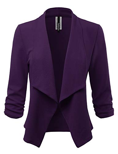 FASHIONOLIC Women's 3/4 Sleeve Blazer Open Front Cardigan Jacket Casual Work Office Blazer (Made in USA) (CLBC001) Purple L