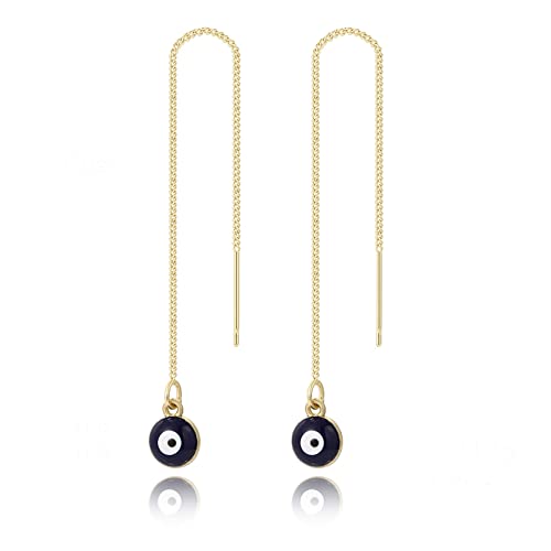 14K Gold Plated Chain Black Pull Through Earrings Thin Chain Threading Earrings for Women and Girls Earrings Gift (Evil Eye)
