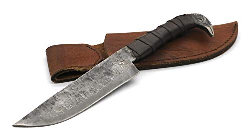 Odin's Raven Norse Viking-styled Knife 10.3' - Hand Forged 6.5' Carbon Steel Blade, Raven's Head Hilt and Leather Sheath - Unique Medieval Seax Style - Norse Knife for Hunting & Camping