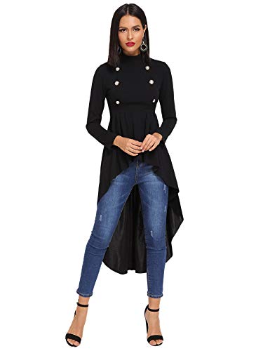 Floerns Women's Double Button Long Sleeve Round Neck Asymmetrical Blouse Tops Black L