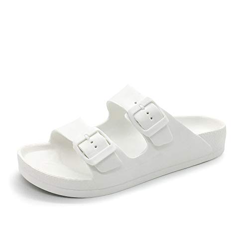 FUNKYMONKEY Women's Comfort Slides Double Buckle Adjustable EVA Flat Sandals (8 M US-Women, White)