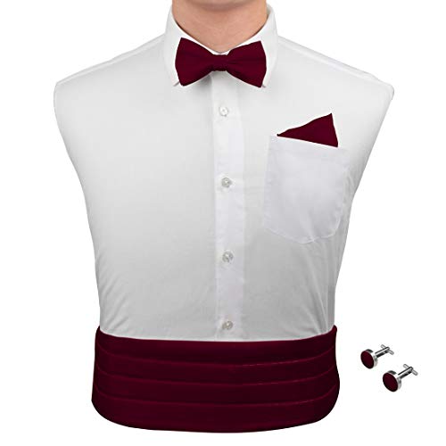 Burgundy Formal Pre-tied Bow Tie Hanky Cufflinks and Cummerbund Set with Gift Box Cm1014 Red