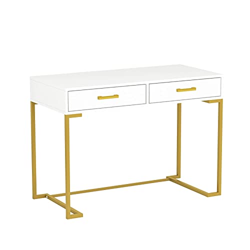 Tribesigns 40 Inch Computer Desk, White and Gold Desk with 2 Drawers, Modern Simple Home Office Desk, Gold Writing Desk Study Table for Bedroom, Modern Makeup Vanity Desk for Small Spaces