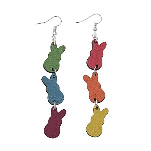 Easter Teardrop Hollow out Colorful Rabbit Earrings Double sided Wooden Earrings Women's Personalized Earrings Gift