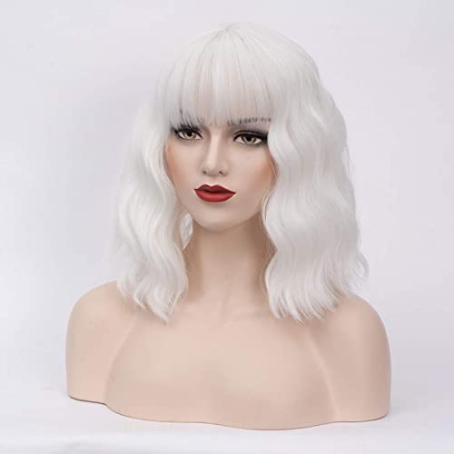 Netgo White Wigs for Women, Short Wavy White Wig with bangs, Heat Resistant Synthetic Womens White Hair Wigs 14 inch Daily Party Cosplay Wigs