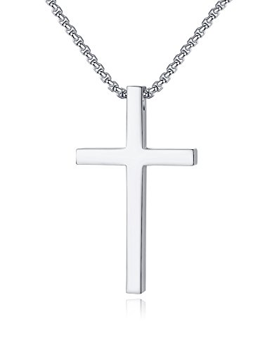 Reve Simple Stainless Steel Silver Tone Cross Pendant Chain Necklace for Men Women, 20’’-22’’ (Men:1.71.02'' Pendant+22'' Rolo Chain)
