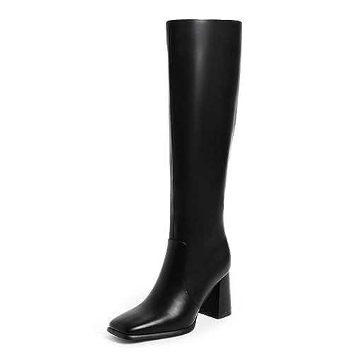 Modatope Black Knee High Boots Women Chunky Heel Square Toe Tall Boots for Women High Heel Side Zipper Womens Long Boots Heeled Tall Boots Size 7.5
