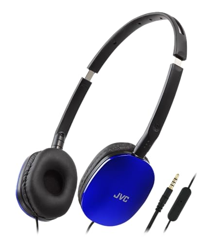 JVC Blue Flat Foldable Colorful Flats On Ear Headphones with Remote and Microphone, 3.94 Foot Gold Plated 3.5mm Slim Plug - HAS160MA, Adjustable