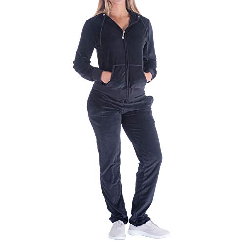 Facitisu Women's Velour Sweatsuits Casual Basic 2 Pieces Zip Up Hoodie+Pant Tracksuit Sport Sweat Jogging Suit Set Small Black