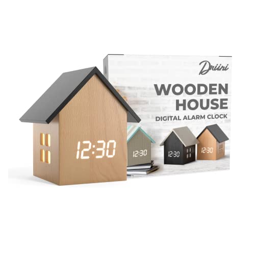 Driini Digital House-Shaped Alarm Clock with Temperature Display (Light Wood) – Modern Aesthetic - Cute Cube Frame and White LED Dimmer - Perfect Small Desk Clock for Bedside Table or Bedroom Mantle
