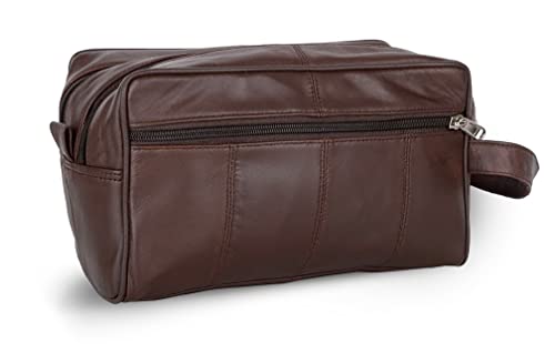 Liberty Leather Brown Deluxe Sheep Napa Leather Unisex Toiletry Travel Bag with Double Zipper Bathroom Organizer for Men and Women Shaving Kit Portable Cosmetic Case and Traveling Leather Shaving Bag