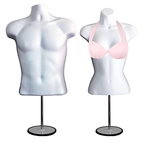 White Male + Female Hollow Back Mannequin Torso Set w/ Metal Stand with Metal Pole, S-M Sizes (1)
