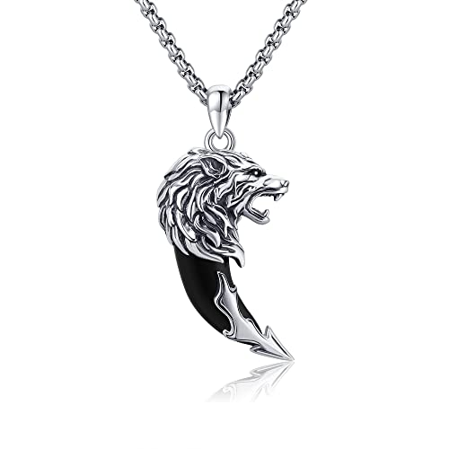 VENACOLY Wolf Necklace Sterling Silver Black Obsidian Wolf Tooth Necklace for Men Viking Necklace for Men Viking Jewelry for Men