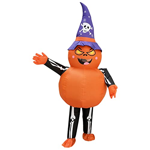 Halloween Inflatables Pumpkin Costume Adult- 9.6 Ft Tall Plus Size Big and Tall Halloween Costumes for Women and Men,2023 Funny Cute Pumpkins Blow Up Costumes with Skeleton Spider Web for Adults