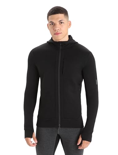 Icebreaker Merino Quantum III Zip Up Hoodie for Men, 100% Merino Wool, Long Sleeve Men’s Zip-Up Sweater with Zippered Pockets, Thumb Loops - Athletic Sweatshirt, Black, X-Large