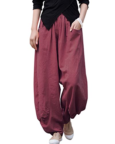 Aeneontrue Women's Casual Linen Wide Leg Pants Loose Elastic Waist Palazzo Trousers with Unique Pleated Cuff Burgundy X-Large