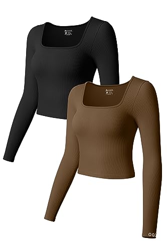 OQQ Women's 2 Piece Crop Tops Ribbed Seamless Long Sleeve Square Neck Underscrubs Stretch Shirts Tops Black Coffee