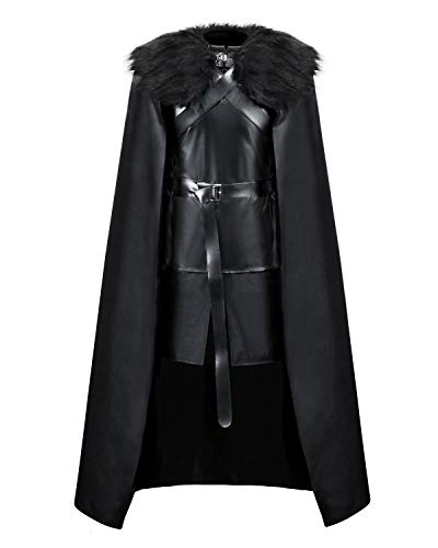 AMNPOLEN Jon Snow Knights Watch Costume Cloak Adult Men Thrones Halloween Cosplay Medieval Black PU Full Party Cape Outfit (Black Full Set, Medium)