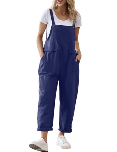YESNO Women Long Casual Loose Bib Pants Overalls Baggy Rompers Jumpsuits with Pockets (3XL PV9 Navy Blue)