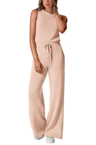 PRETTYGARDEN Womens Casual Jumpsuits Summer Fashion Clothes Sleeveless Palazzo Pants Romper Outfits (Beige,Medium)