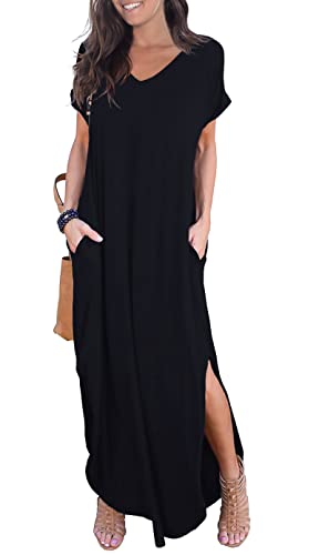 GRECERELLE Women's Casual Loose Pocket Long Dress Short Sleeve Split Maxi Dress Black Large
