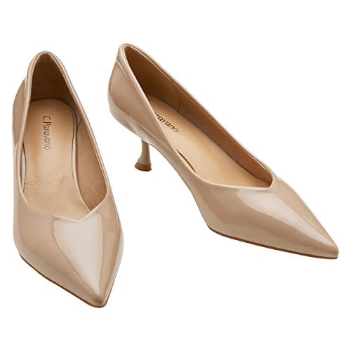 C.Paravano Women's Pump | Pointed Toe Kitten Heel | Patent Leather Pumps | Closed Toe Low Heel (Size 8,Beige)