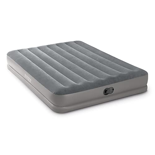 INTEX 64114E Dura-Beam Standard Prestige Air Mattress: Fiber-Tech – Queen Size – Built-in USB Electric Pump – 12in Bed Height – 600lb Weight Capacity, Grey