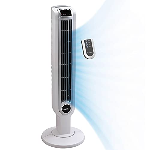 Lasko Portable 36' Oscillating 3-Speed Tower Fan with Remote Control and Timer for Bedroom and Home Office, White, 2510