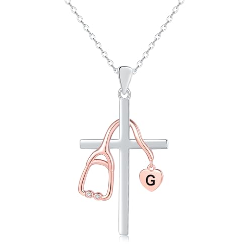 Initial Stethoscope Medicine 925 Sterling Sliver Heart Women Necklace Nurses Week Jewelry Gift for Medical Student Doctor Nurse Dainty Christian Necklace religious cross Giftinitial (Initial：G)