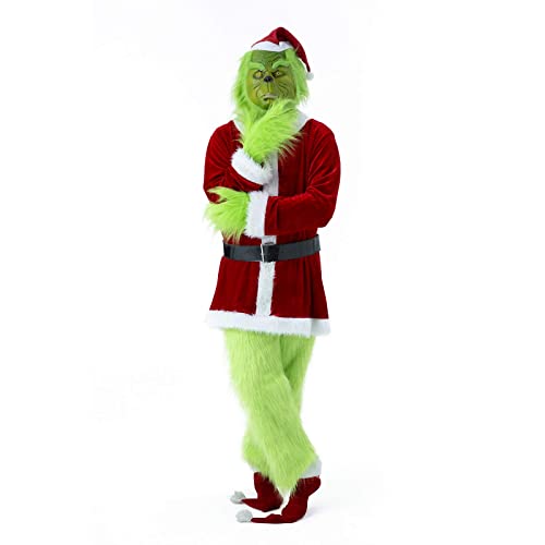 Lukvuzo Adult 7PCS Green Monster Costumes Furry Christmas Costume Cosplay Santa Outfit Sets XL