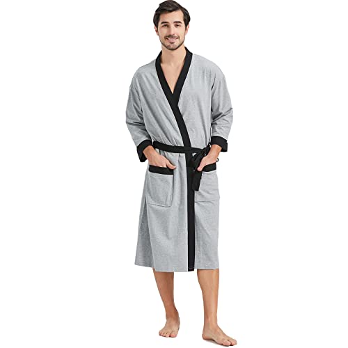 FashGudim 102% Ice Cotton Knit Robe for Men Lightweight Summer Robes Thin Kimono Bathrobes Knee Length (Grey/Black,5XL)