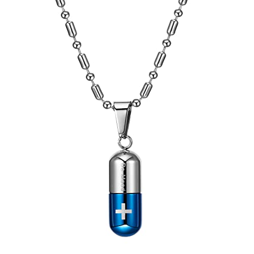 Flongo Pill Case Capsule Cross Medicine Keepsake Pendant Necklace Stainless Steel for Mens Womens Kids, 22 inch Chain